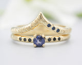 Set of 2 Round faceted blue sapphire ring and tiny black spinel on 14k gold band set with 14k gold band ring with tiny 3 blue sapphire