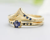 Set of 2 Round faceted blue sapphire ring and tiny black spinel on 14k gold band set with 14k gold band ring with tiny 3 blue sapphire
