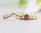Set of 2 Oval faceted ruby ring in prongs setting with tiny black spinel on 14k gold band set with 14k gold band ring and tiny 15 ruby