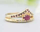 Set of 2 Oval faceted Ruby ring with tiny diamonds on 14k gold band set with 14k gold band ring and tiny 15 ruby on the center
