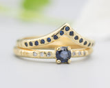 Set of 2 Round faceted blue sapphire ring and diamonds on 14k gold band set with 14k gold band ring and tiny 15 blue sapphire on the center