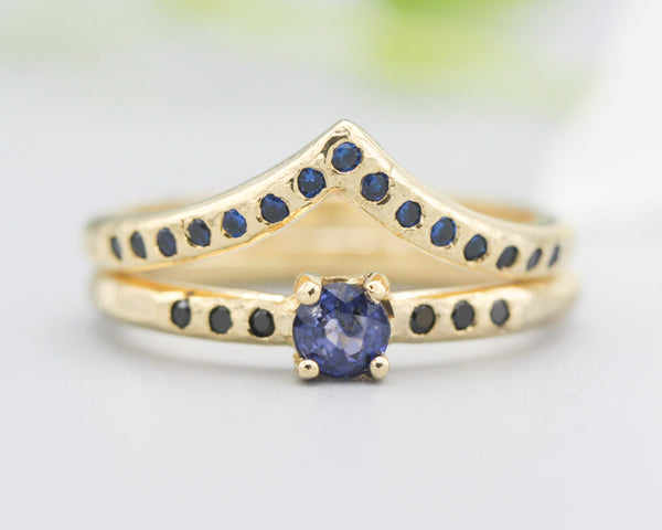 Set of 2 Round faceted blue sapphire ring and tiny black spinel on 14k gold band set with 14k gold band ring and tiny 15 blue sapphire