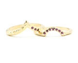 Set of 2 14k gold with geometric design ring and tiny 7 ruby on the center set with 14k gold band ring with tiny 3 ruby on the side