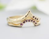 Set of 2 14k gold with geometric design ring and tiny 7 ruby on the center set with 14k gold band ring with tiny 3 ruby on the side