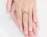 Set of 2 14k gold with geometric design ring and tiny 7 ruby on the center set with 14k gold band ring with tiny 3 ruby on the side