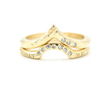 Set of 2 14k gold with line texture band ring and tiny 7 diamond on the center set with 14k gold wood texture band ring and tiny 3 diamond