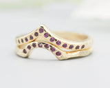 Set of 2 14k gold with geometric ring and tiny 7 ruby set with 14k gold with wood texture band ring with tiny 15 ruby on the center