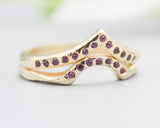 Set of 2 14k gold with geometric ring and tiny 7 ruby set with 14k gold with wood texture band ring with tiny 15 ruby on the center
