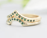 Set of 2 14k gold with line texture band ring and 7 emerald set with 14k gold with geometric band ring and tiny 15 emerald on the center