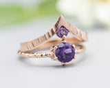 Set of 2 Purple tone,Amethyst ring in prongs setting with 14k rose gold texture design band with Amethyst ring 14k Rose gold crown design