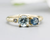14k gold wedding ring with blue topaz, blue sapphire, diamond gemstone in bezel and prongs setting