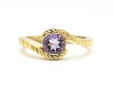Bypass style ring 14k gold line texture design with round faceted Amethyst at the center