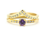 Set of 2 Round faceted amethyst ring and tiny diamonds on 14k gold set with 14k gold hammer texture design band ring and tiny 15 diamond