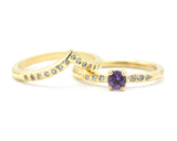 Set of 2 Round faceted amethyst ring and tiny diamonds on 14k gold set with 14k gold hammer texture design band ring and tiny 15 diamond