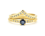 Set of 2 Round faceted blue sapphire ring and tiny diamond on 14k gold set with 14k gold hammer texture design band ring and tiny 15 diamond