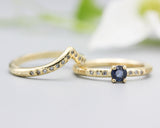 Set of 2 Round faceted blue sapphire ring and tiny diamond on 14k gold set with 14k gold hammer texture design band ring and tiny 15 diamond