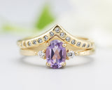 Set of 2 Oval amethyst ring and diamond side set in prongs setting with 14k gold band set with 14k gold band ring and tiny 15 diamond