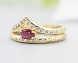 Set of 2 Oval faceted ruby ring and diamonds on 14k gold band set with 14k gold hammer texture design band ring and tiny 15 diamond