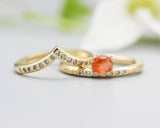 Set of 2 Oval cabochon sunstone ring and tiny diamond on 14k gold band set with 14k gold hammer texture design band ring and tiny 15 diamond