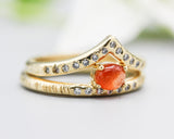 Set of 2 Oval cabochon sunstone ring and tiny diamond on 14k gold band set with 14k gold hammer texture design band ring and tiny 15 diamond