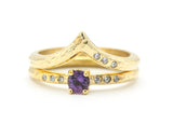 Set of 2 Round amethyst ring in prongs setting with diamond on 14k gold band set with 14k gold band ring with tiny 3 diamond on the side
