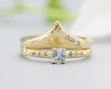 Set of 2 Round blue topaz  ring in prongs setting with diamond on 14k gold band set with 14k gold band ring with tiny 3 diamond on the side