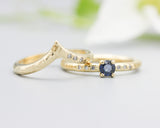 Set of 2 Blue sapphire ring in prongs setting with diamond on 14k gold band set with 14k gold band ring with tiny 3 diamond on the side