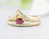 Set of 2 oval faceted ruby ring in prongs setting with diamond on 14k gold band set with 14k gold band ring with tiny 3 diamond on the side
