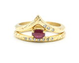 Set of 2 oval faceted ruby ring in prongs setting with diamond on 14k gold band set with 14k gold band ring with tiny 3 diamond on the side