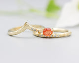 Set of 2 Oval sunstone ring in prongs setting with diamond on 14k gold band set with 14k gold band ring with tiny 3 diamond on the side