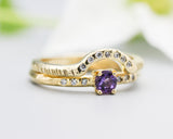 Set of 2 Round faceted amethyst ring with tiny diamonds on 14k gold band set with 14k gold band ring with tiny 7 diamond on the center