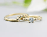 Set of 2 Round faceted blue topaz ring with tiny diamonds on 14k gold band set with 14k gold band ring with tiny 7 diamond on the center