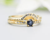 Set of 2 Round faceted blue sapphire ring with tiny diamonds on 14k gold band set with 14k gold band ring with tiny 7 diamond on the center