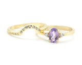 Set of 2 Oval faceted amethyst ring with tiny round diamonds side set with 14k gold band ring with tiny 7 diamond on the center