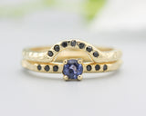 Set of 2 Round faceted blue sapphire ring and tiny black spinel on 14k gold band set with 14k gold band ring and 7 black spinel