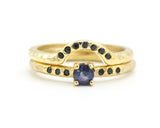 Set of 2 Round faceted blue sapphire ring and tiny black spinel on 14k gold band set with 14k gold band ring and 7 black spinel
