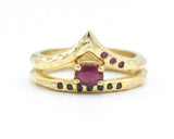 Set of 2 Oval faceted ruby ring and black spinel on 14k gold band set with 14k gold with hammer band ring with tiny 3 ruby on the side