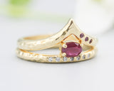 Set of 2 Oval faceted Ruby ring with tiny diamonds on 14k gold band set with 14k gold with hammer band ring with tiny 3 ruby on the side