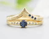 Set of 2 Round faceted blue sapphire ring and diamonds on 14k gold band set with 14k gold band ring with tiny 3 blue sapphire on the side