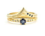 Set of 2 Round faceted blue sapphire ring and diamonds on 14k gold band set with 14k gold band ring with tiny 3 blue sapphire on the side