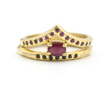 Set of 2 Oval faceted ruby ring in prongs setting with tiny black spinel on 14k gold band set with 14k gold band ring and tiny 15 ruby