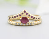 Set of 2 Oval faceted Ruby ring with tiny diamonds on 14k gold band set with 14k gold band ring and tiny 15 ruby on the center