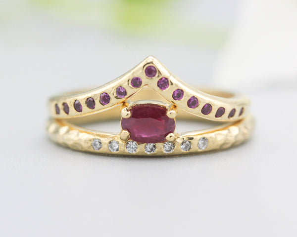 Set of 2 Oval faceted Ruby ring with tiny diamonds on 14k gold band set with 14k gold band ring and tiny 15 ruby on the center