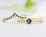 Set of 2 Round faceted blue sapphire ring and diamonds on 14k gold band set with 14k gold band ring and tiny 15 blue sapphire on the center