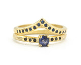 Set of 2 Round faceted blue sapphire ring and tiny black spinel on 14k gold band set with 14k gold band ring and tiny 15 blue sapphire