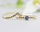 Set of 2 Round faceted blue sapphire ring and tiny black spinel on 14k gold band set with 14k gold band ring and tiny 15 blue sapphire