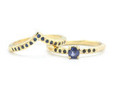 Set of 2 Round faceted blue sapphire ring and tiny black spinel on 14k gold band set with 14k gold band ring and tiny 15 blue sapphire