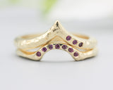 Set of 2 14k gold with geometric design ring and tiny 7 ruby on the center set with 14k gold band ring with tiny 3 ruby on the side