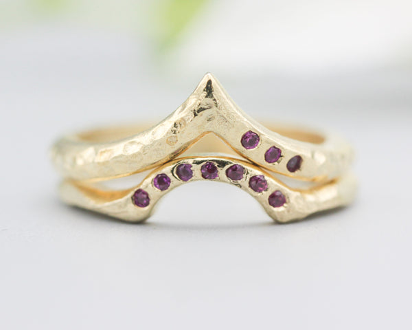 Set of 2 14k gold with geometric design ring and tiny 7 ruby on the center set with 14k gold band ring with tiny 3 ruby on the side