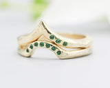 Set of 2 14k gold with line texture design band ring and tiny 7 emerald set with 14k gold with geometric band ring and 3 emerald on the side
